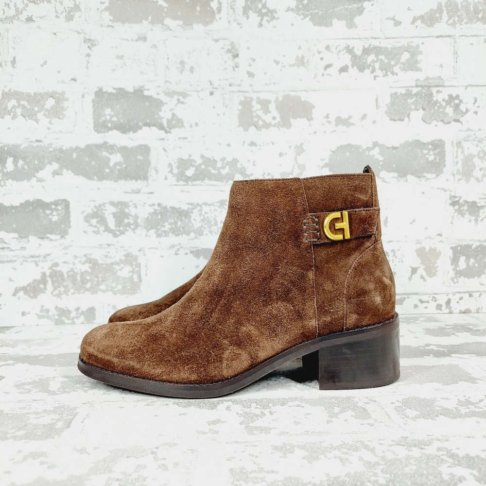New Cole Haan Holis Suede Logo Buckle Ankle Booties F919